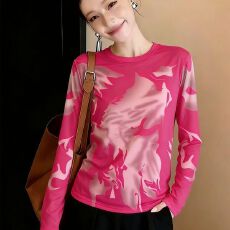 批发官拍大码<b class='q'>女</b>装双层网纱<b class='q'>长袖</b>打底衫2026春季新款修身显瘦圆领上衣