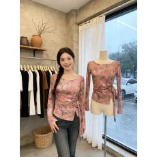 批发官拍<b class='q'>大码</b>女装双层网纱春秋新款扎染印花不规则绑带长袖T恤上衣