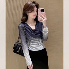 批发官拍大码女装渐变色双层网纱V领设计感长袖<b class='q'>T</b><b class='q'>恤</b>修身显瘦防晒上衣