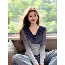 批发官拍大码女装渐变色双层网纱V领设计感长袖<b class='q'>T</b><b class='q'>恤</b>修身显瘦防晒上衣
