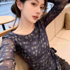 批发官拍大码女装春秋双层韩版印花气质绑带长袖T恤女新款设计感上衣