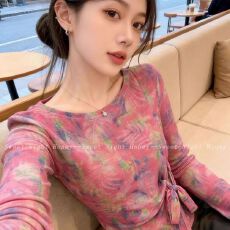 批发官拍大码女装双层网纱春秋新款扎染印花不规则绑带长袖T恤上衣