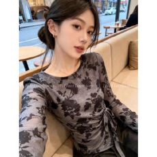 批发官拍大码女装春秋双层韩版印花气质绑带长袖T恤女<b class='q'>新款</b>网纱上衣