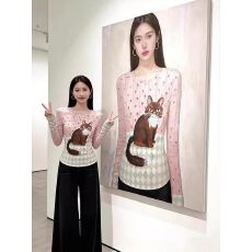 批发官拍大码胖小猫碎花双层网纱长袖t恤女夏季新款显瘦绝美底衫上衣