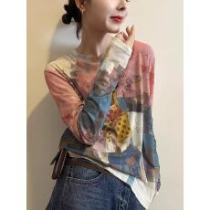 批发官拍大码女装印花双层网纱防晒衫女夏季修身显瘦洋气减龄T恤上衣