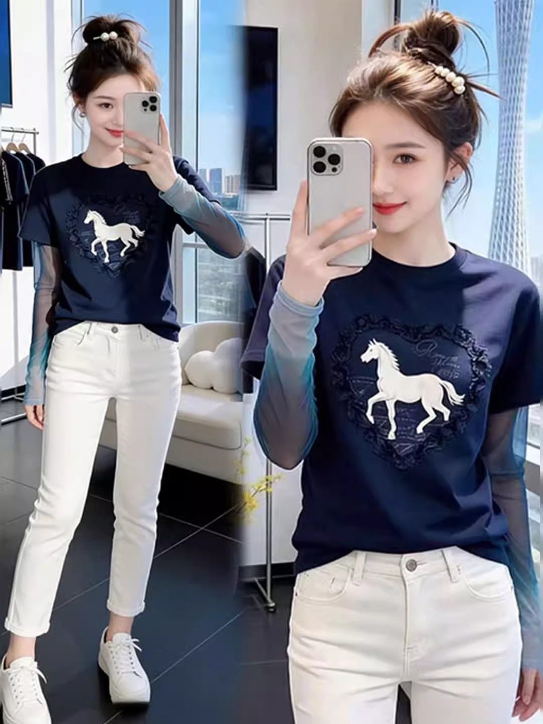 RY3607# 官拍大码女装印花网纱拼接长袖t恤假两件夏季新款设计感修身上...