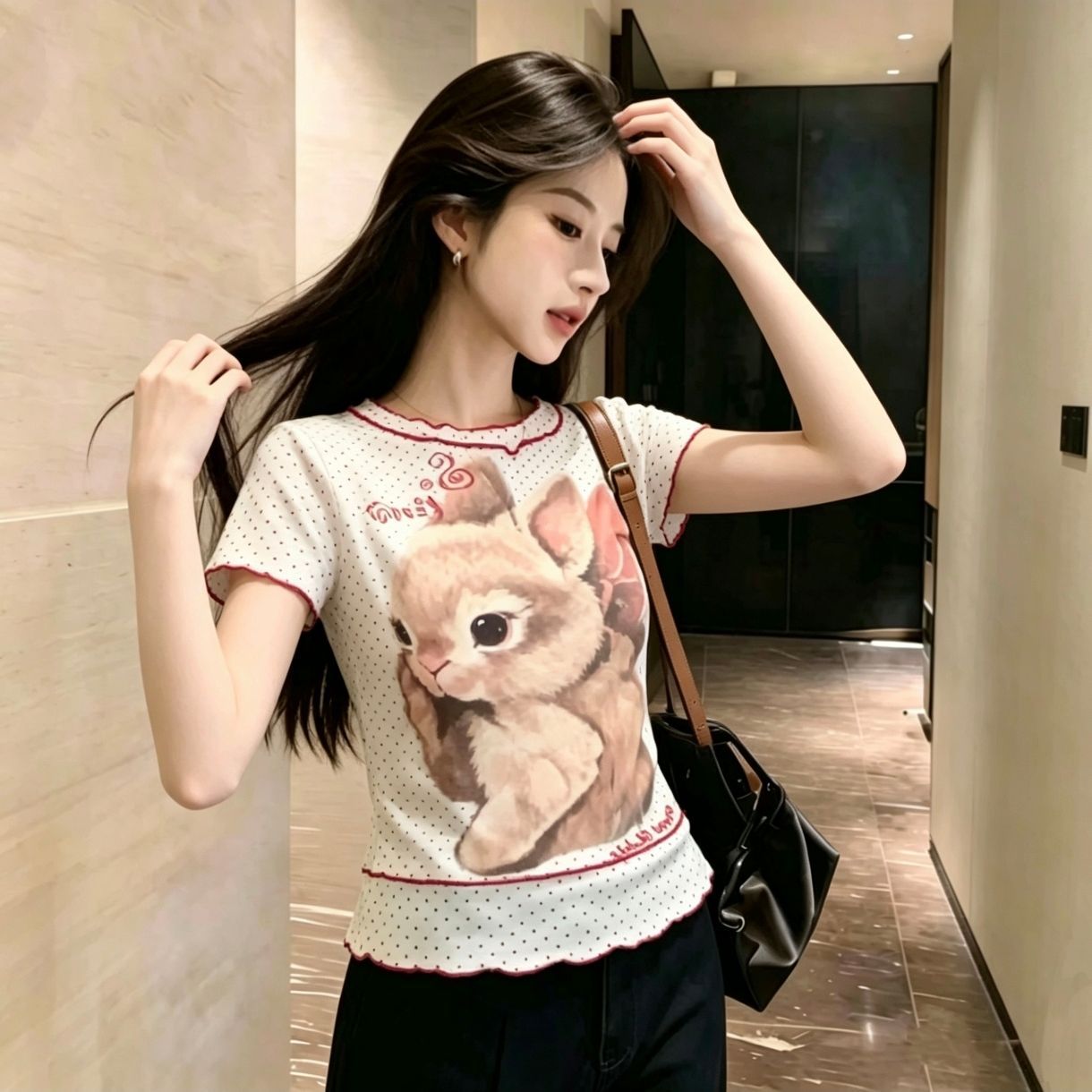RY4881# 大码设计感假两件印花网纱短袖t恤女夏季胖显瘦修身上衣