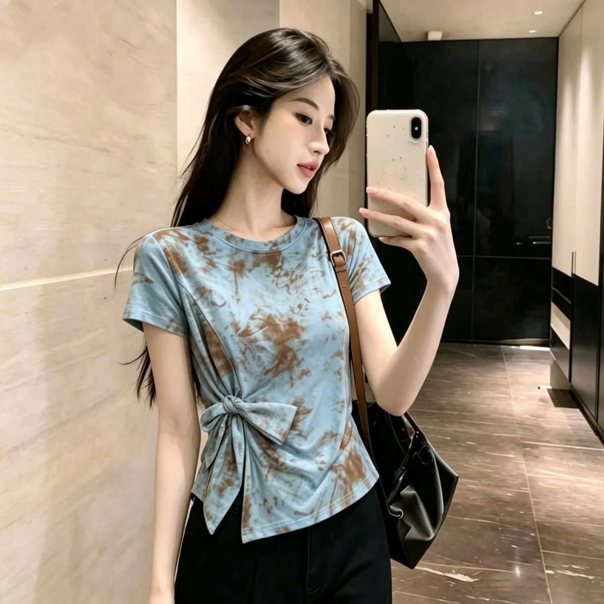 RY4880# 夏季新款双层网纱短袖T恤女百搭罩衫印花气质绑带设计上衣