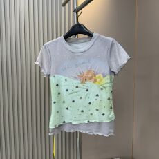 批发实拍大码胖韩系圆领烫钻木耳边假两件短袖T恤女夏季显瘦设计上衣