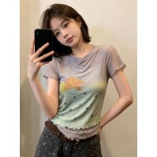 批发官拍大码胖韩系圆领烫钻木耳边假两件短袖T恤女夏季显瘦设计上衣