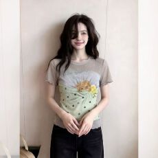 批发官拍大码胖韩系圆领烫钻木耳边假两件短袖T恤女夏季显瘦设计上衣