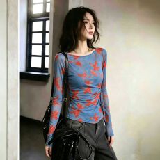 批发官拍大码女装夏季双层网纱印花气质绑带长袖T恤女新款防晒上衣