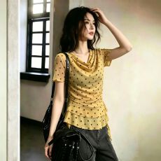 批发官拍大码女装法式荷叶边荡领双层网纱短袖T恤夏季修身不规则上衣