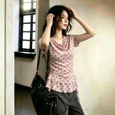 批发官拍大码女装法式荷叶边荡领双层网纱短袖T恤夏季修身不规则上衣