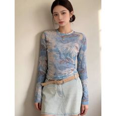 批发官拍大码女装扎染网纱薄款长袖t恤女夏季新款设计感美式防晒上衣