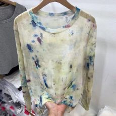 批发实拍大码女装水墨扎染网纱防晒长袖T恤女夏季设计感圆领薄款上衣