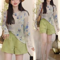 批发官拍大码女装水墨扎染网纱防晒长袖T恤女夏季设计感圆领薄款上衣