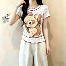 官拍大码设计感假两件印花网纱短袖t恤女夏季显瘦修身超好看上衣