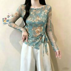 批发官拍<b class='q'>大码</b><b class='q'>女装</b>爆款春秋双层韩版印花气质绑带长袖女新款网纱上衣