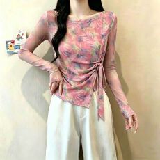 批发官拍<b class='q'>大码</b><b class='q'>女装</b>双层网纱春秋新款扎染印花不规则绑带长袖T恤上衣