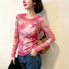 批发官拍大码女装双层网纱长袖打底衫2026春季新款修身显瘦圆领上衣