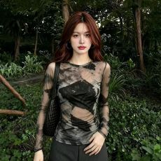 批发官拍大码女装复古印花双层网纱长袖防晒女春夏宽松轻薄罩衫<b class='q'>上衣</b>女