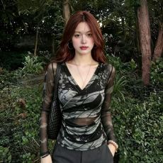 批发官拍大码女装春夏设计感V领双层网纱长袖T恤洋气撞色修身防晒<b class='q'>上衣</b>
