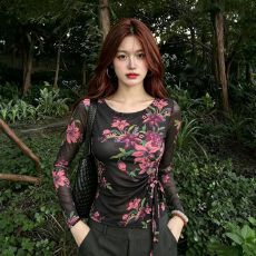 批发官拍<b class='q'>大码</b><b class='q'>女装</b>春秋双层韩版印花气质绑带长袖T恤女新款网纱上衣