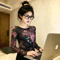 批发官拍<b class='q'>大码</b><b class='q'>女装</b>春秋双层韩版印花气质绑带长袖T恤女新款网纱上衣