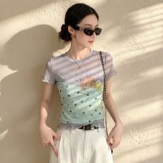 批发官拍大码胖韩系圆领烫钻木耳边假两件短袖<b class='q'>T</b><b class='q'>恤</b>女夏季显瘦设计上衣