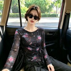 批发官拍<b class='q'>大码</b><b class='q'>女装</b>春秋双层韩版印花气质绑带长袖T恤女新款网纱上衣