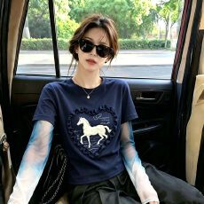 批发官拍大码女装印花网纱拼接长袖<b class='q'>t</b><b class='q'>恤</b>假两件夏季新款设计感修身上衣