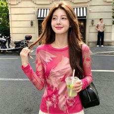 批发官拍轻熟风网纱长袖<b class='q'>打底</b>衫女装时尚潮牌夏季新款修身显瘦防晒上衣