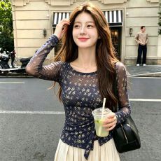批发官拍<b class='q'>大码</b><b class='q'>女装</b>春秋双层韩版印花气质绑带长袖T恤女新款设计感上衣