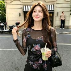 批发官拍<b class='q'>大码</b><b class='q'>女装</b>春秋双层韩版印花气质绑带长袖T恤女新款网纱上衣