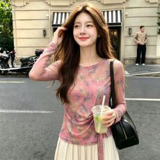 批发官拍<b class='q'>大码</b><b class='q'>女装</b>双层网纱春秋新款扎染印花不规则绑带长袖T恤上衣