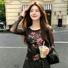 批发官拍<b class='q'>大码</b><b class='q'>女装</b>春秋双层韩版印花气质绑带长袖T恤女新款网纱上衣