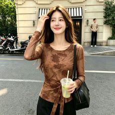 批发官拍大码女装高级感春夏双层网纱长袖t恤新款<b class='q'>打底</b>衫绑带上衣防晒