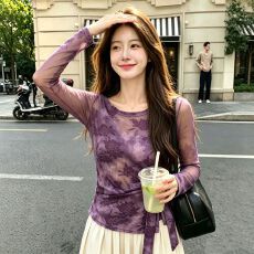 批发官拍大码女装高级感春夏双层网纱长袖t恤新款<b class='q'>打底</b>衫绑带上衣防晒