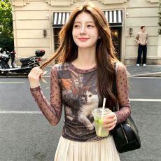 批发官拍大码胖小猫印花双层网纱长袖t恤女夏季新款显瘦绝美<b class='q'>打底</b>上衣