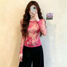 批发官拍轻熟风网纱长袖<b class='q'>打底</b>衫女装时尚潮牌夏季新款修身显瘦防晒上衣