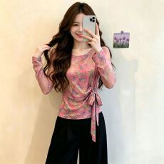 批发官拍<b class='q'>大码</b>女装双层网纱春秋新款扎染印花不规则绑带长袖T恤上衣