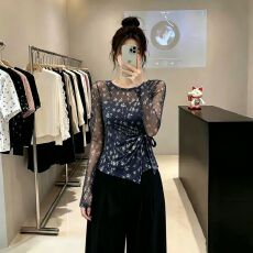 批发官拍<b class='q'>大码</b>女装春秋双层韩版印花气质绑带长袖T恤女新款设计感上衣