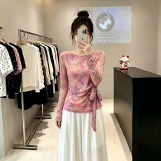 批发官拍<b class='q'>大码</b>女装双层网纱春秋新款扎染印花不规则绑带长袖T恤上衣
