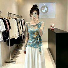 批发官拍<b class='q'>大码</b>女装爆款春秋双层韩版印花气质绑带长袖女新款网纱上衣