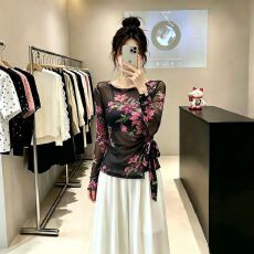 批发官拍<b class='q'>大码</b>女装春秋双层韩版印花气质绑带长袖T恤女新款网纱上衣