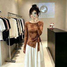 批发官拍大码女装高级感春夏双层网纱长袖t恤新款<b class='q'>打底</b>衫绑带上衣防晒