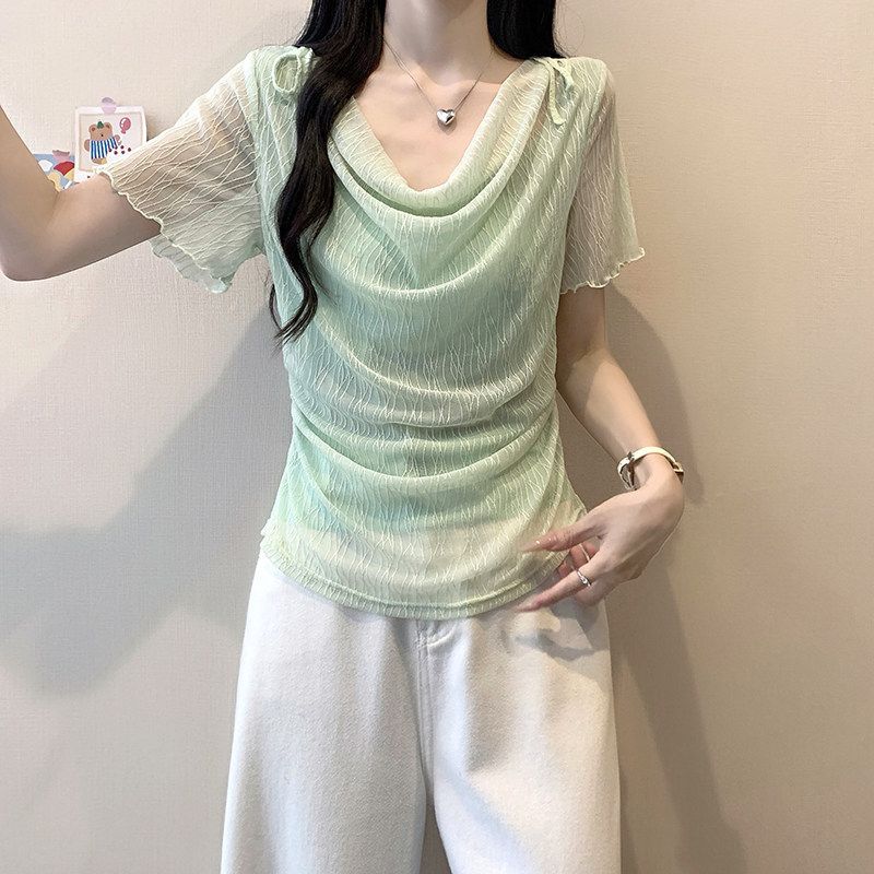BY28839# 官拍大码女装气质宽松夏装纯欲荡领漂亮短袖胖遮肉显瘦小衫上衣  服裝批發女裝批發服飾貨源