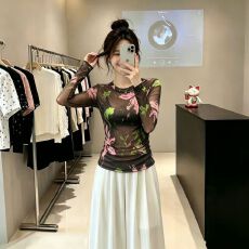 批发官拍大码女装薄款印花设计长袖防晒T恤<b class='q'>夏季</b>圆领网纱透视百搭上衣