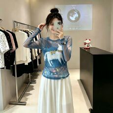 批发官拍大码女装高级感印花双层网纱长袖T恤<b class='q'>夏季</b>新款防晒罩衫上衣女